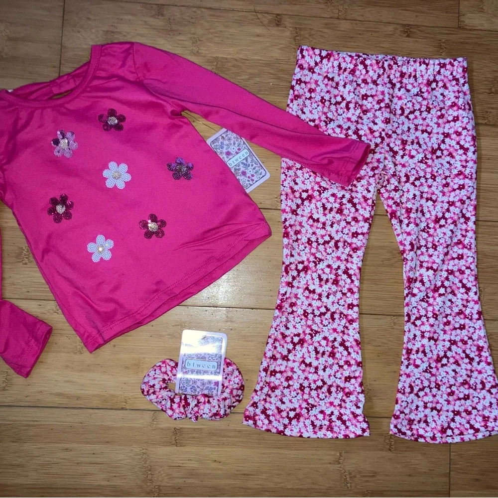 NWT Girls Size 2T Pink Flower Outfit - Embellished Shirt Top & Flare Pants - Picture 2 of 2